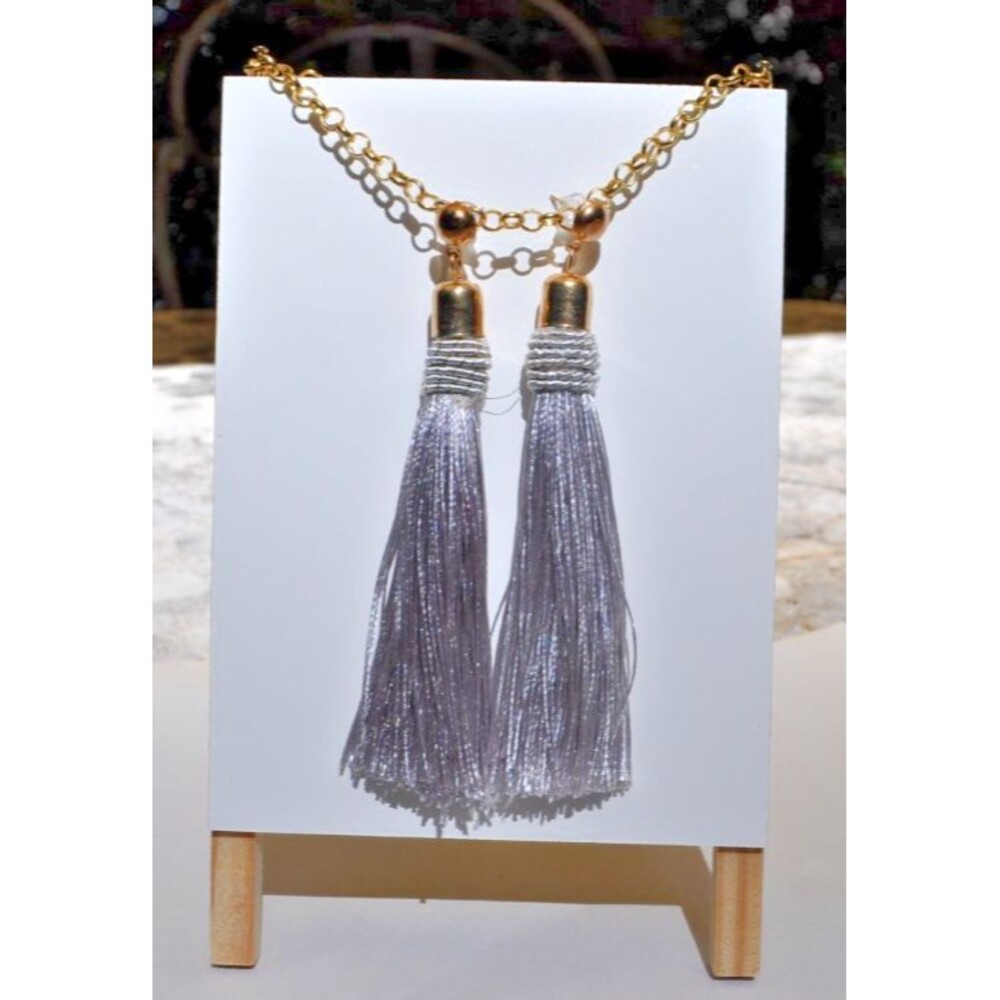 Gold-tone Boho Gypsy earrings with Gold Post Silver Gray Tassel - Picture 2 of 4
